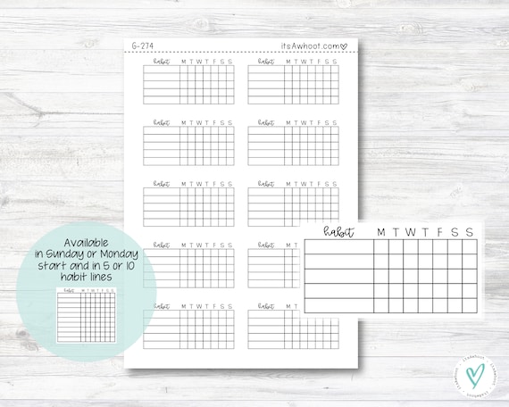 Weekly Habit Tracker Planner Stickers - Sunday or Monday Start/5 or 10 Habit Lines (G274)