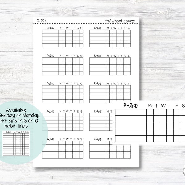 Weekly Habit Tracker Planner Stickers - Sunday or Monday Start/5 or 10 Habit Lines (G274)