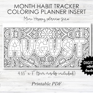 August Habit Tracker Coloring Sheet Printable - Happy Planner MINI Size Planner Insert - PRINTABLE (O013_2Aug)