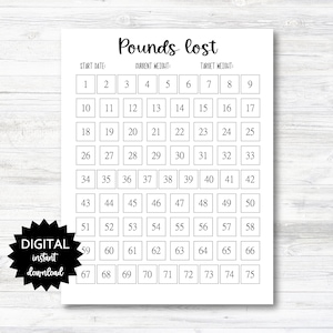 Pounds Lost Printable, 75 Pounds Lost Tracker, 75 Lbs Lost Digital Download Planner Page - Minimalistic Black & White - PRINTABLE (N009_23)