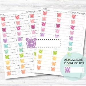 May include: Two sheets of colorful alarm clock stickers with a white background. The stickers are arranged in rows and columns. The alarm clocks are in various colors, including pink, red, orange, yellow, green, blue, and purple. The text "H-102" and "its Awhoot.etsy.com" is printed on the sheets. The text "Also available in solid line box" is printed on the bottom right sheet.