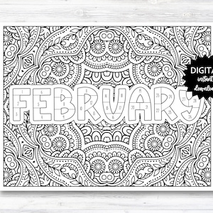 Könnte beinhalten: Schwarz-weiß druckbare Malvorlage mit einem Februar-Kalender und einem komplizierten Mandala-Design. Der Monat Februar ist in großen Buchstaben ausgeschrieben, wobei jeder Buchstabe in Quadrate zum Ausmalen unterteilt ist.
