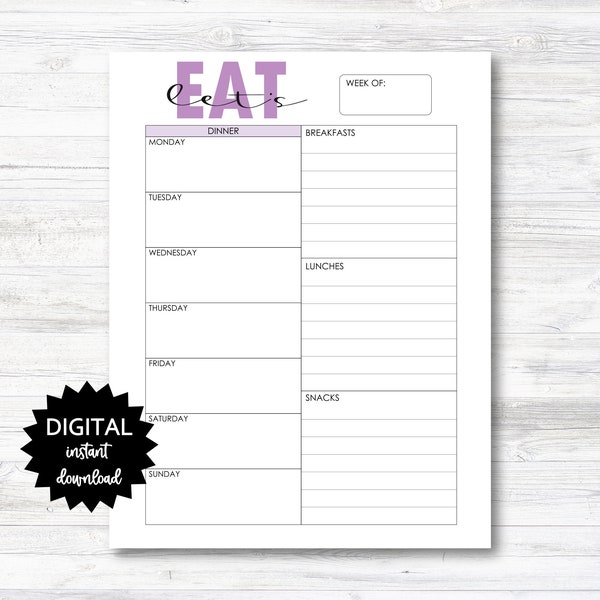 Weekly Meal Plan Printable, Meal Plan Digital Download, Let's Eat Meal Planner, What to Eat Meal Plan  - PRINTABLE (N008_2)