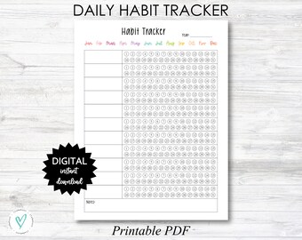 Puede incluir: Un rastreador de hábitos diario imprimible con un diseño en blanco y negro. El rastreador incluye una sección para cada mes del año, con círculos para cada día. El texto "DAILY HABIT TRACKER" está en la parte superior de la página, y el texto "Printable PDF" está en la parte inferior.