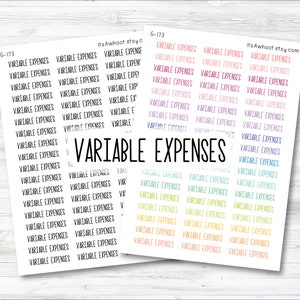 May include: A sheet of stickers with the text "VARIABLE EXPENSES" printed in black on a white background. The stickers are arranged in rows and columns, with each sticker featuring the text in a different color, including pink, blue, green, yellow, and orange.