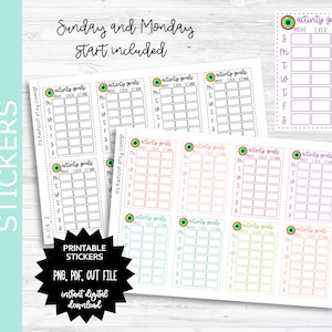 Puede incluir: Pegatinas imprimibles para un planificador semanal. Las pegatinas son de varios colores y presentan una cuadrícula con los días de la semana y espacios para objetivos de actividad. El texto "activity goals" y "move, exer, stand" está en las pegatinas.