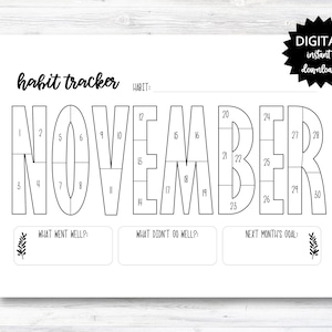 May include: A printable habit tracker for the month of November. The tracker is designed to be filled in with a pen or marker. The tracker includes sections for what went well, what didn't go well, and next month's goal.