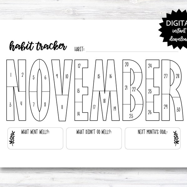November Habit Tracker Coloring Sheet Printable, Month Habit Tracker Coloring Sheet - PRINTABLE (N015_11)