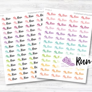 May include: Two sheets of colorful running shoe stickers with the word "Run" printed on each sticker. The stickers are arranged in rows and columns. The stickers are in various colors, including pink, purple, blue, green, yellow, and orange. The stickers are all the same size and shape. The stickers are printed on white paper.