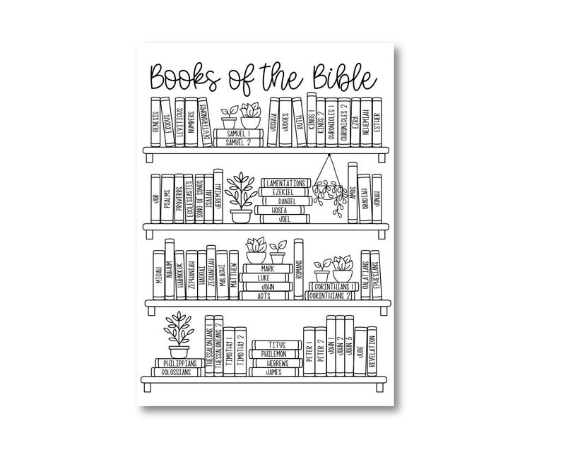 May include: A black and white illustration of a bookshelf with the titles of the books of the Bible. The books are organized by category and are displayed on three shelves. The title "Books of the Bible" is at the top of the image.