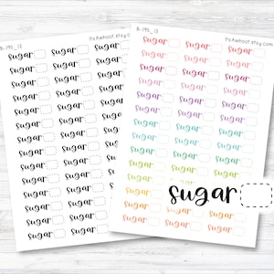 May include: A sheet of colorful stickers with the word "sugar" written in different colors and fonts. The stickers are designed for use in a planner or journal.