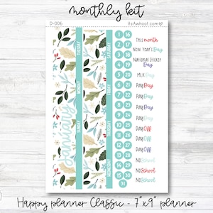 May include: A planner sticker sheet with a floral design and the word "January" in script. The sheet includes teal vertical stripes with dates and event labels. The sheet is designed for a 17.78cm x 22.86cm planner.