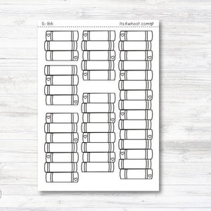 May include: Printable planner stickers with a stack of books design. The stickers are black and white and feature a heart on each book. The text "G-166" and "itsAwhoot.com" are printed on the sheet.