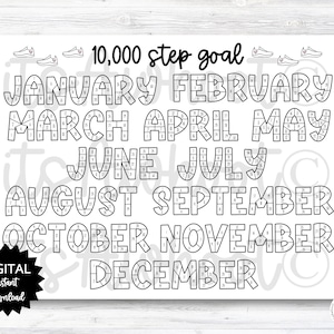 10,000 Steps Goal Tracker Coloring Page Printable, Step Tracker Calendar, Year Steps Goal Tracking Coloring Sheet - PRINTABLE (N001_8)