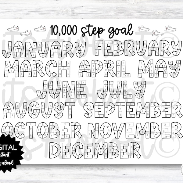 10,000 Steps Goal Tracker Coloring Page Printable, Step Tracker Calendar, Year Steps Goal Tracking Coloring Sheet - PRINTABLE (N001_8)