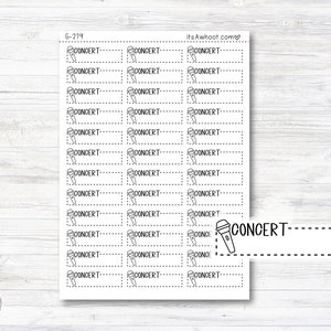 May include: A sheet of printable stickers with a microphone icon and the word "CONCERT" repeated multiple times. The stickers are designed for use in a planner or journal.