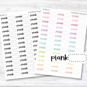 May include: A sheet of colorful planner stickers with the word "plank" written on each sticker. The stickers are in various colors, including pink, blue, green, yellow, and orange. The stickers are rectangular and have a dashed border.
