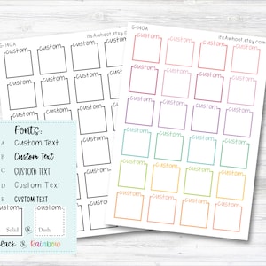 May include: A sheet of printable planner stickers with a variety of fonts and colors. The stickers are rectangular and have a black outline. The text on the stickers says "custom". The stickers are available in black or rainbow colors. The fonts are available in solid or dash styles.