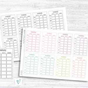 May include: Nine printable macro trackers with a dotted border. The trackers are labeled "macros" and have columns for protein, fats, and carbs. The trackers are in different colors: pink, purple, green, blue, yellow, and orange.