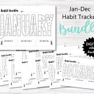 May include: A printable habit tracker bundle for January and December. The printable sheets feature a calendar with each month's name spelled out in large letters. Each letter is divided into squares for daily tracking. The bundle includes the text "Jan-Dec Habit Tracker Bundle" and "Digital Instant Download".