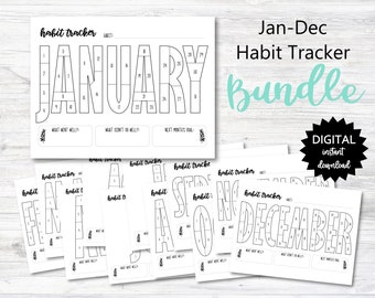 Könnte beinhalten: Ein druckbares Habit-Tracker-Paket für Januar und Dezember. Die druckbaren Blätter zeigen einen Kalender mit dem Namen jedes Monats in großen Buchstaben. Jeder Buchstabe ist in Quadrate für die tägliche Verfolgung unterteilt. Das Paket enthält den Text "Jan-Dec Habit Tracker Bundle" und "Digitaler Sofort-Download".