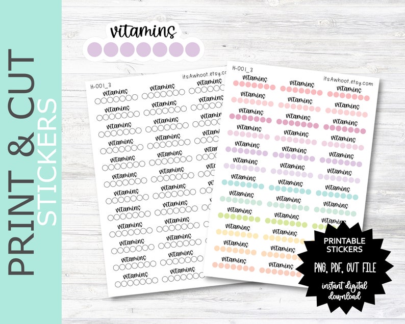 K&ouml;nnte beinhalten: Druckbare Aufkleberfolie mit dem Wort "Vitamine" mehrmals in schwarzer Schrift wiederholt. Die Aufkleber sind in verschiedenen Farben, darunter rosa, lila, blau, gr&uuml;n, gelb und orange. Die Folie ist mit "H-001_3" und "its Awhoot.etsy.com" beschriftet.