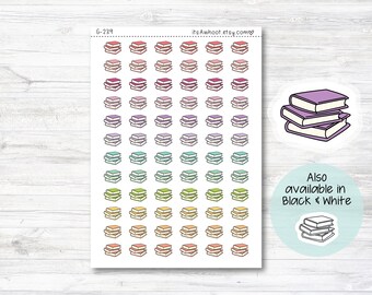 May include: A sheet of colorful book stack stickers. The stickers are in various colors, including pink, purple, blue, green, yellow, and orange. The stickers are arranged in rows and columns. The text "G-239" and "itsAwhoot.etsy.com" is at the top of the sheet. The text "Also available in Black & White" is at the bottom of the sheet.