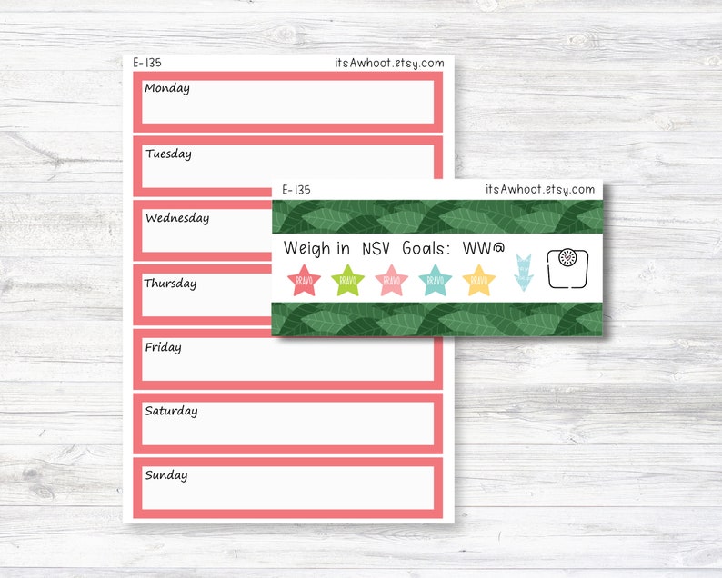 May include: A pink weekly planner with a green sticker that says "Weigh in NSV Goals: WW@" with five colorful stars and a scale icon. The planner has the text "E-135" and the website "itsAwhoot.etsy.com" at the top.