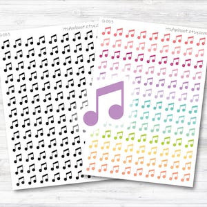 May include: Three sheets of stickers with musical notes in black, rainbow colors, and a single purple musical note. The sheets are labeled "G-083" and "itsAwhoot.etsy.com".