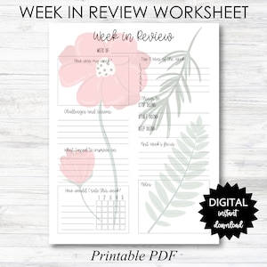 WEEK in Review Worksheet, Week in Review Worksheet Printable, Week in Review Worksheet Planner Page - PRINTABLE (N052-Floral)