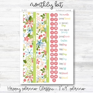 May include: A set of printable planner stickers with floral designs and a monthly calendar with dates and holidays. The stickers are for a 7x9 inch planner and include dates from 16 to 31. The text on the stickers includes "This month", "Spring Ahead", "St. Patrick's Day", "First Day of Spring", "Spring Break", "Easter", "Pay Day", "Day Off", and "No School".