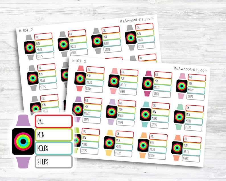 May include: A set of 20 colorful printable stickers for a fitness tracker. Each sticker features a black and white smartwatch icon with a colorful ring around the face. The stickers are labeled with "CAL", "MIN", "MILES", and "STEPS".
