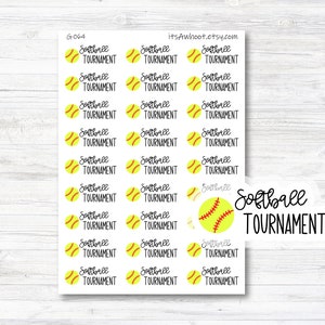 May include: A sheet of 24 yellow and red softball stickers with the text "Softball Tournament" on each sticker. The stickers are arranged in a grid pattern.