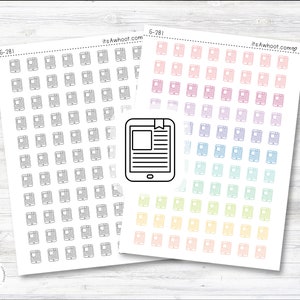 May include: A sheet of stickers with a design of a tablet with a bookmark. The stickers are in a rainbow gradient of colors, with the top row being pink, then transitioning to orange, yellow, green, blue, and purple. The bottom row is a solid gray color. The stickers are labeled "G-281" and "itsAwhoot.com".