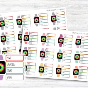 May include: A sheet of colorful stickers featuring a design inspired by the Apple Watch fitness tracker. The stickers have a black background with a colorful ring and the words "MOVE", "EXERCISE", "STAND", and "STEPS" in white.