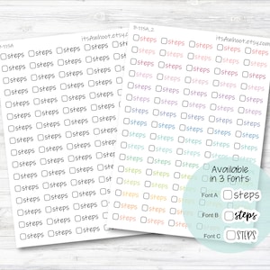 May include: A sheet of printable planner stickers with the word "steps" written in different fonts and colors. The stickers are available in three fonts: Font A, Font B, and Font C. The stickers are designed for use in planners and journals.