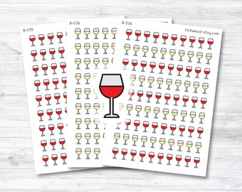 May include: Three sheets of stickers with a repeating pattern of red and yellow wine glasses. The stickers are labeled "B-026" and "itsAwhoot.etsy.com".