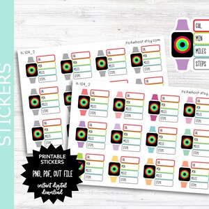 Può includere: Adesivi stampabili con un design colorato di uno smartwatch con le parole "CAL", "MIN", "MILES" e "STEPS" in un riquadro rettangolare. Gli adesivi sono di vari colori, tra cui rosa, viola, blu, verde, giallo e arancione.