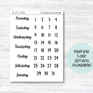 Days of the Week and Date Dots Planner Stickers (G117_2)