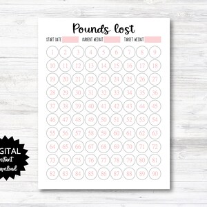 May include: A printable weight loss tracker with a pink and white color scheme. The tracker has a section for start date, current weight, and target weight. The tracker has 90 circles numbered 1 through 90.