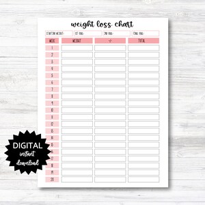 Weight Loss Chart Digital Download, Weight Loss Chart PRINTABLE (N017)