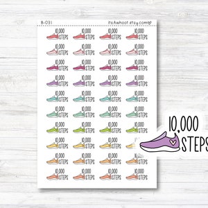 May include: A sheet of colorful stickers featuring a running shoe with the text "10,000 STEPS" in a variety of colors. The stickers are perfect for adding a touch of fun and motivation to your planner, journal, or water bottle.