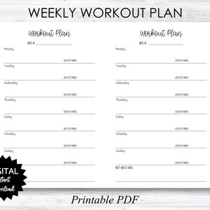 May include: A printable weekly workout plan template with two columns for each day of the week. Each column has a space for the day of the week, workout activity, and activity points.