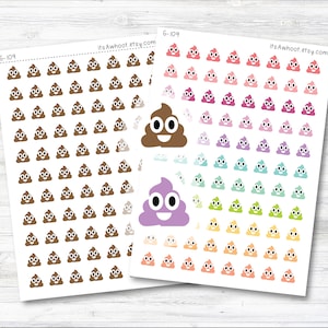 May include: Two sheets of stickers with a smiling poop emoji in various colors. The first sheet has brown poop emojis. The second sheet has rainbow colored poop emojis.