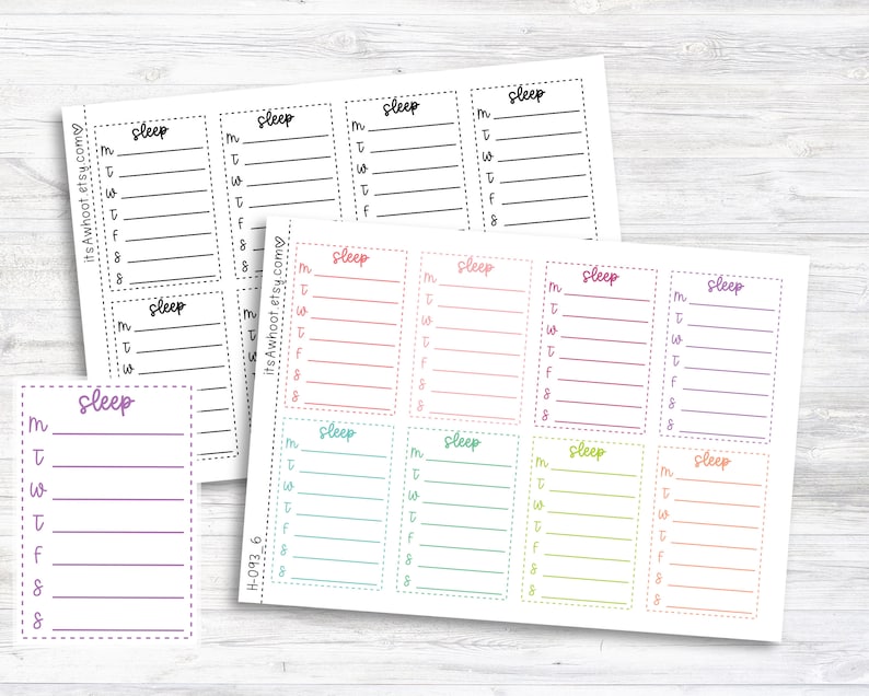 May include: Nine printable planner stickers with a dotted border and the word "sleep" in black cursive. The stickers are in various colors: black, pink, red, purple, teal, green, yellow, and orange. The stickers are designed to be used in a planner to track sleep.