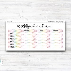 Peut inclure: Un planificateur hebdomadaire imprimable avec un motif chevron coloré. Le planificateur comporte des sections pour la catégorie, les dépenses et le reste. Le texte "weekly checkin" est en haut du planificateur.