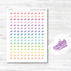 May include: A sheet of colorful stickers featuring a repeating pattern of running shoes. The stickers are arranged in rows of different colors, including pink, purple, blue, green, yellow, and orange. The sheet is labeled "L-027" and "itsAwhoot.com".