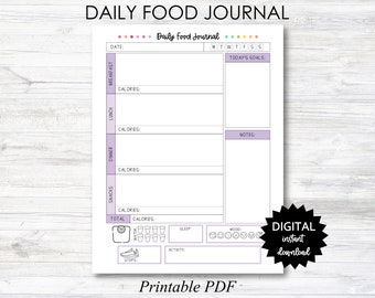 Daily Food Journal, Daily Food Journal Printable, Daily Food Journal Planner Page, Food Diary, Calorie Tracker - Purple - PRINTABLE (N047_2)