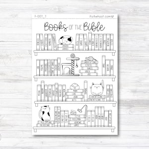 May include: Black and white sticker sheet featuring a bookshelf design with the words "Books of the Bible." The shelves are filled with illustrated books, each labeled with a book of the Bible, and decorated with cat illustrations.