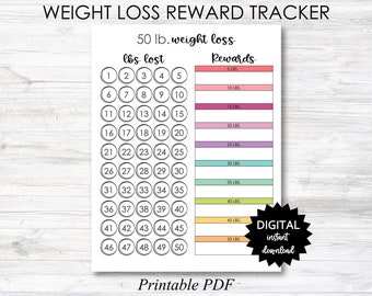 Récompense de perte de poids imprimable, 50 livres Tracker de récompense de perte de poids, Page de planificateur de téléchargement numérique de suivi de perte de poids - IMPRIMABLE (N050)